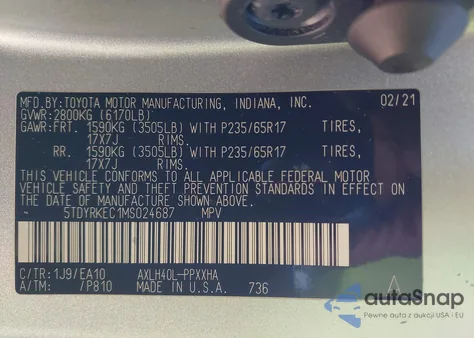 2021 Toyota Sienna Xle from USA, damaged, VIN 5TDYRKEC1MS024687